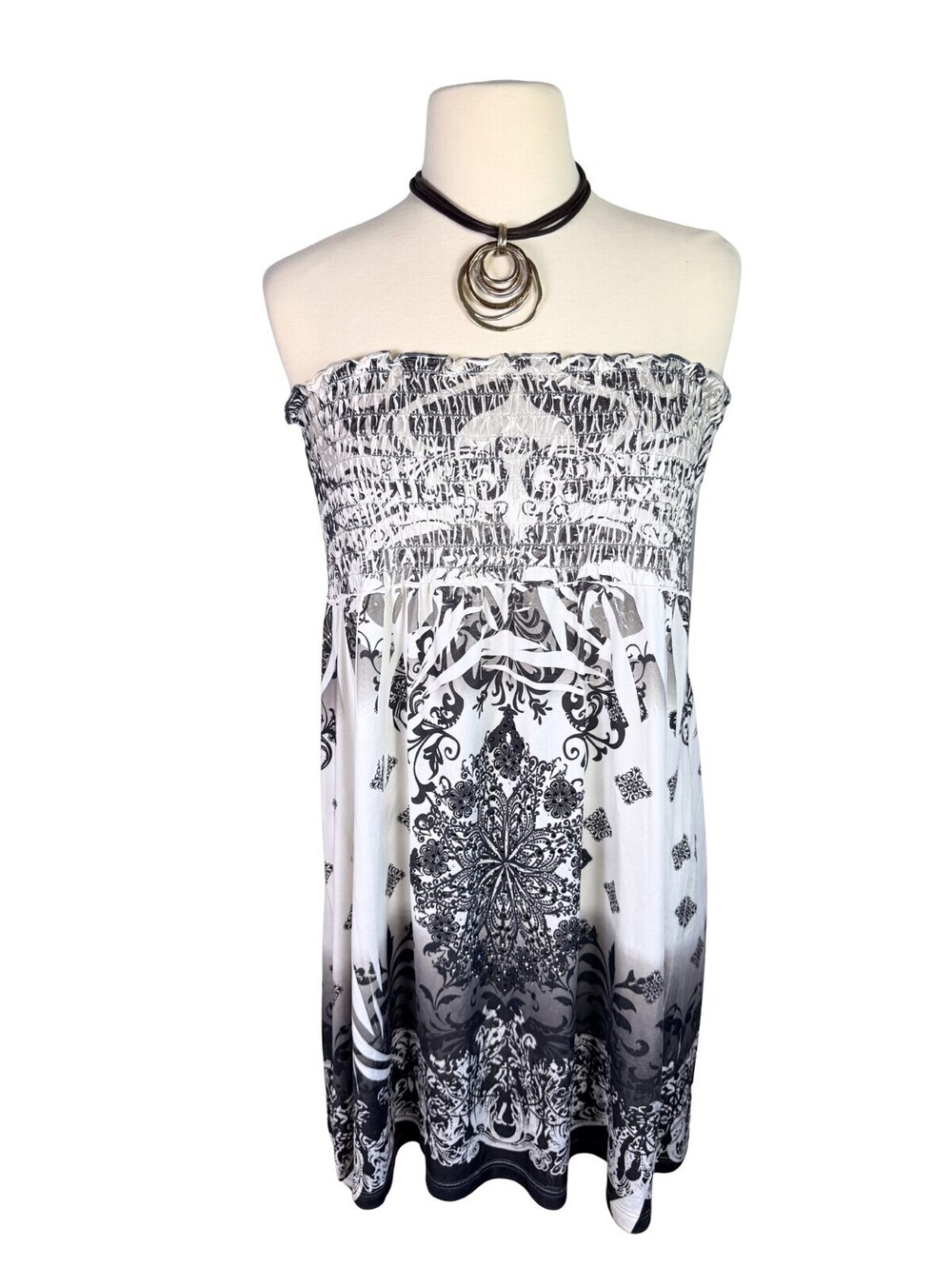 Stargazer Strapless Smocked Tube Dress Boho Rhinestone Medallion Print L